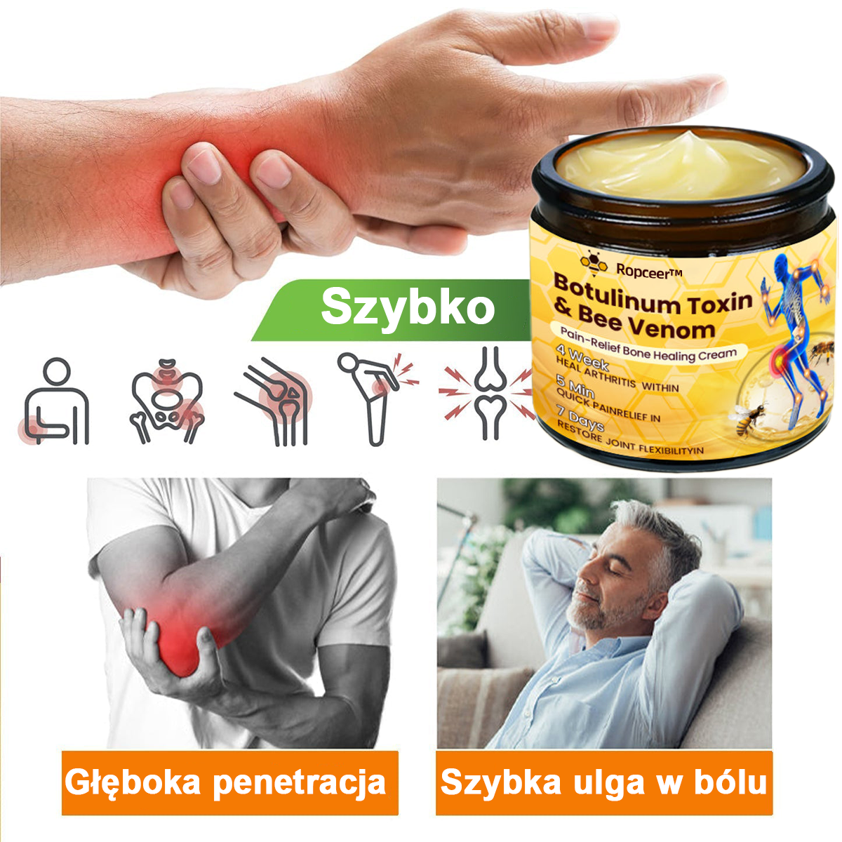 Ropceer™ Krem przeciwbólowy na bazie toksyny botulinowej i jadu pszczelego, wspomagający gojenie kości